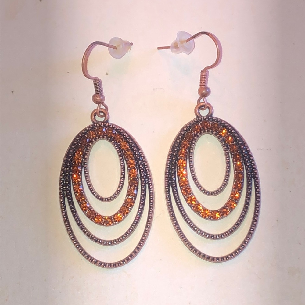 Copper Tone Multi-Hoop Drop Earrings with Amber Crystals